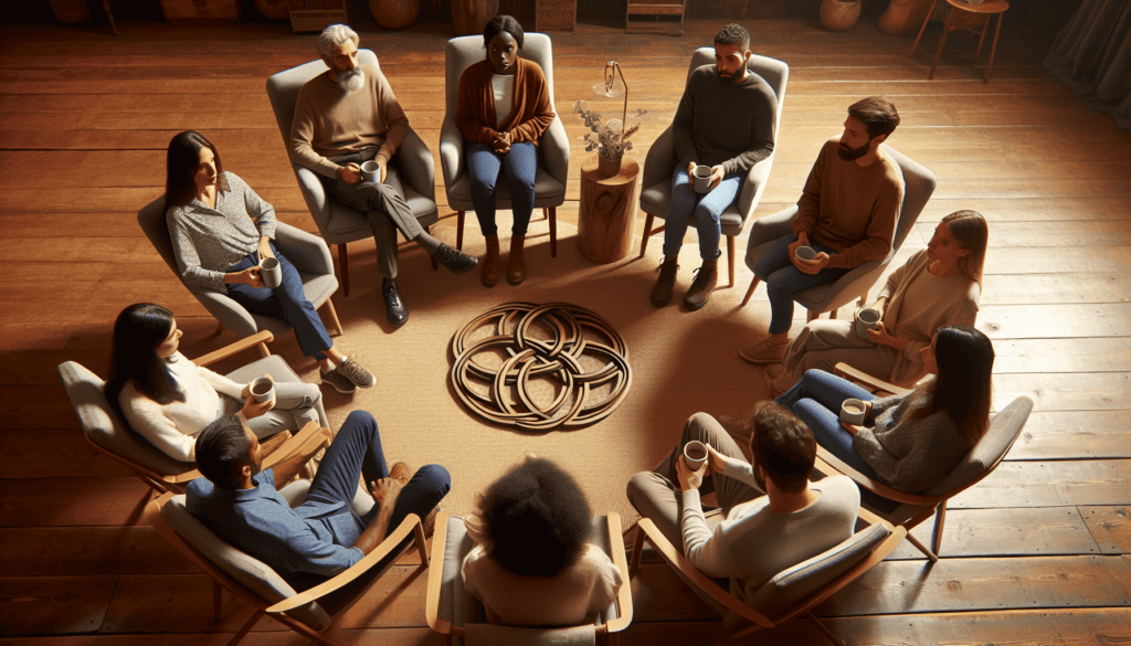 Illustration of group therapy for addiction and a support group meeting
